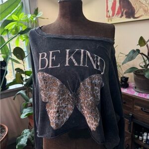 Never Worn FP/Vintage Canvas Black 'Be Kind' Off-Shoulder Cropped Top